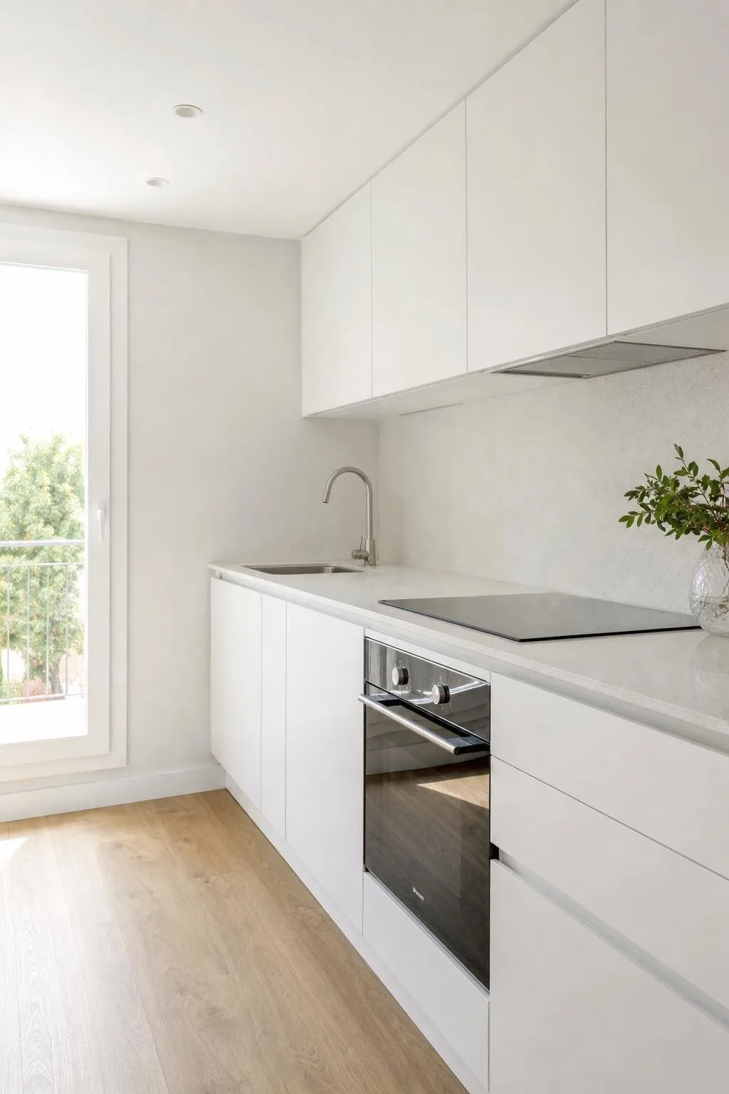 Cocina reformada con muebles blancos, encimera de cuarzo y placa de inducción