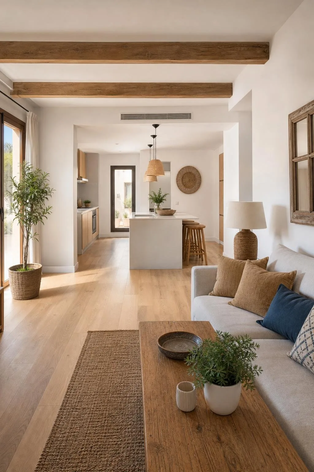 Interior de vivienda reformada con cocina abierta y salón luminoso