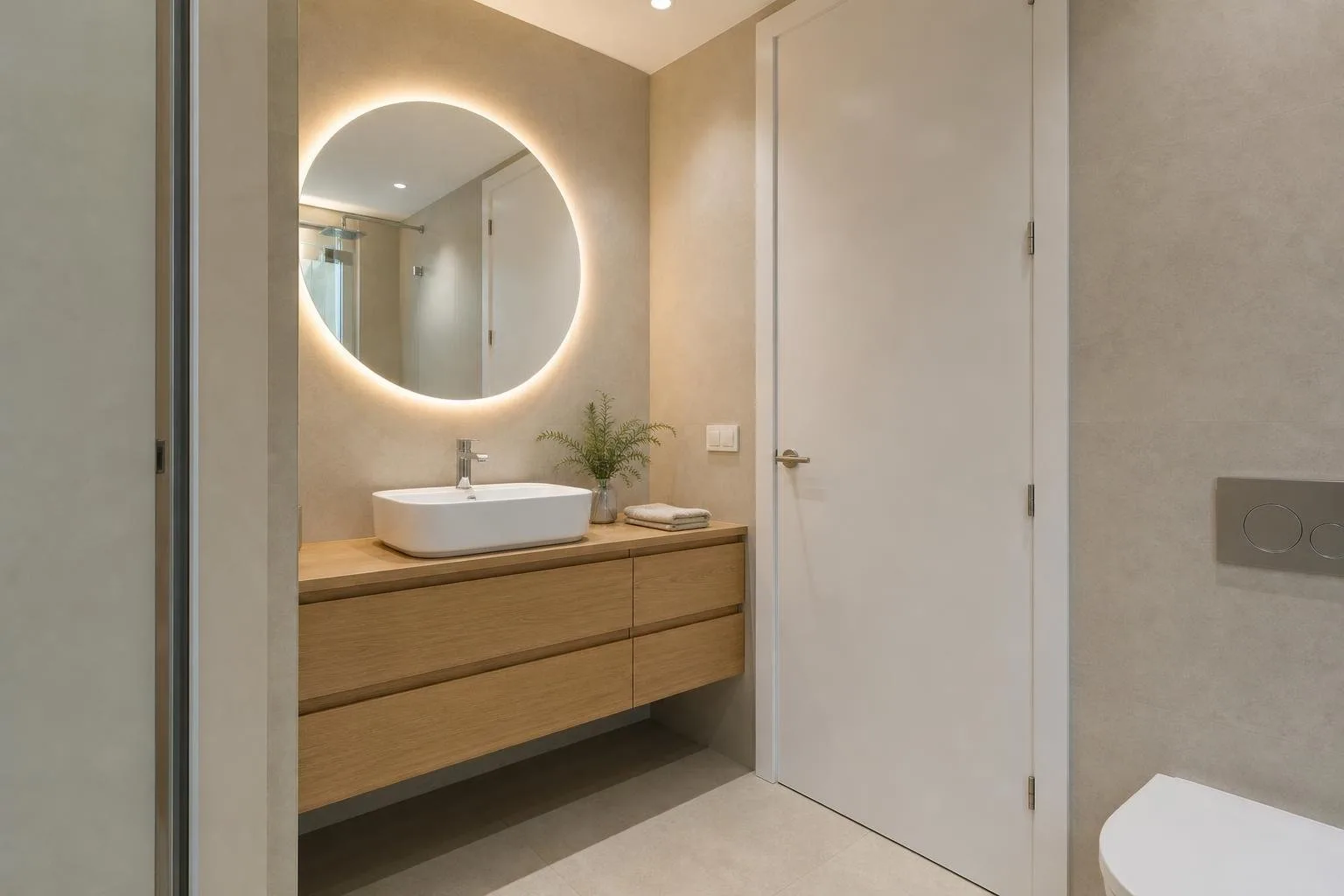 Baño reformado con mueble de madera de roble suspendido y espejo redondo