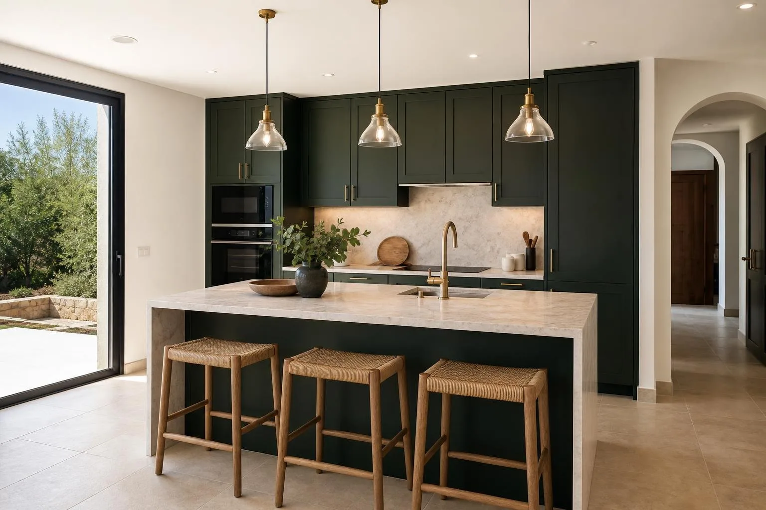 Cocina reformada con isla central y muebles en verde oscuro