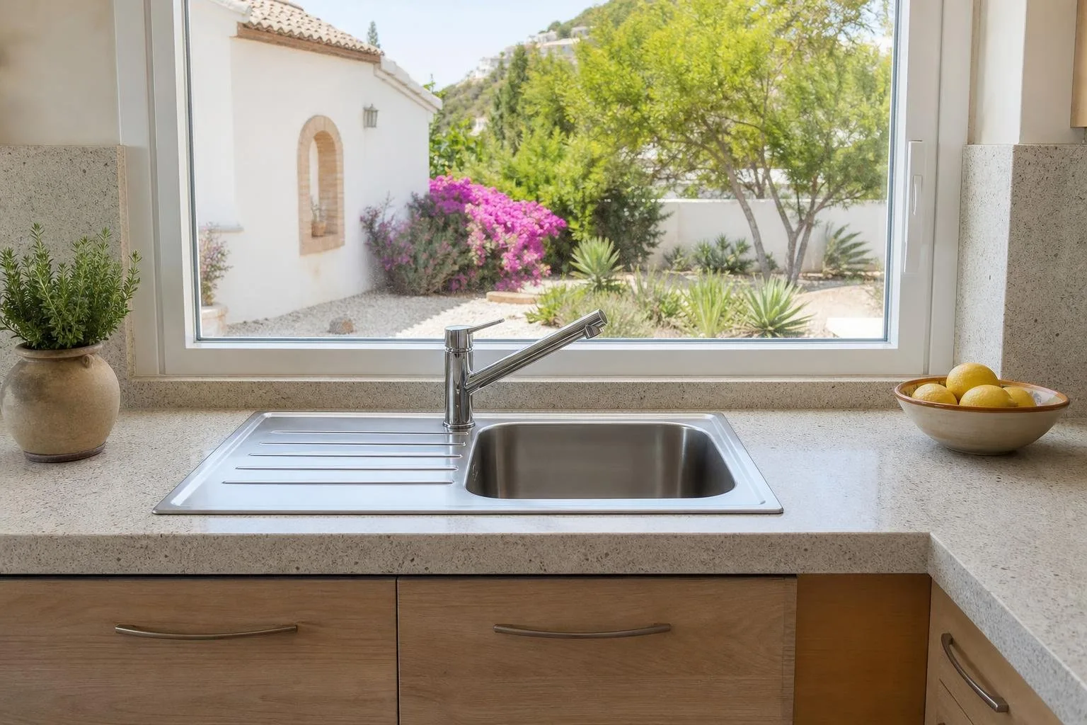 Zona de fregadero de una cocina reformada junto a la ventana