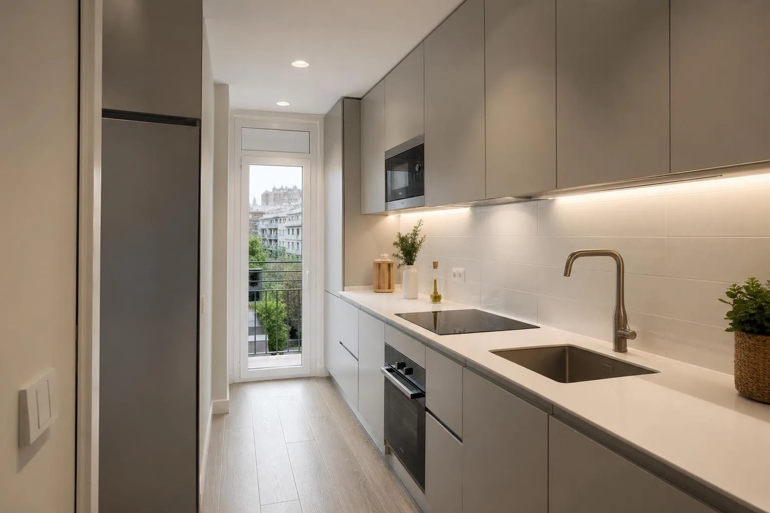 Cocina alargada reformada con muebles sin tirador e iluminación bajo mueble
