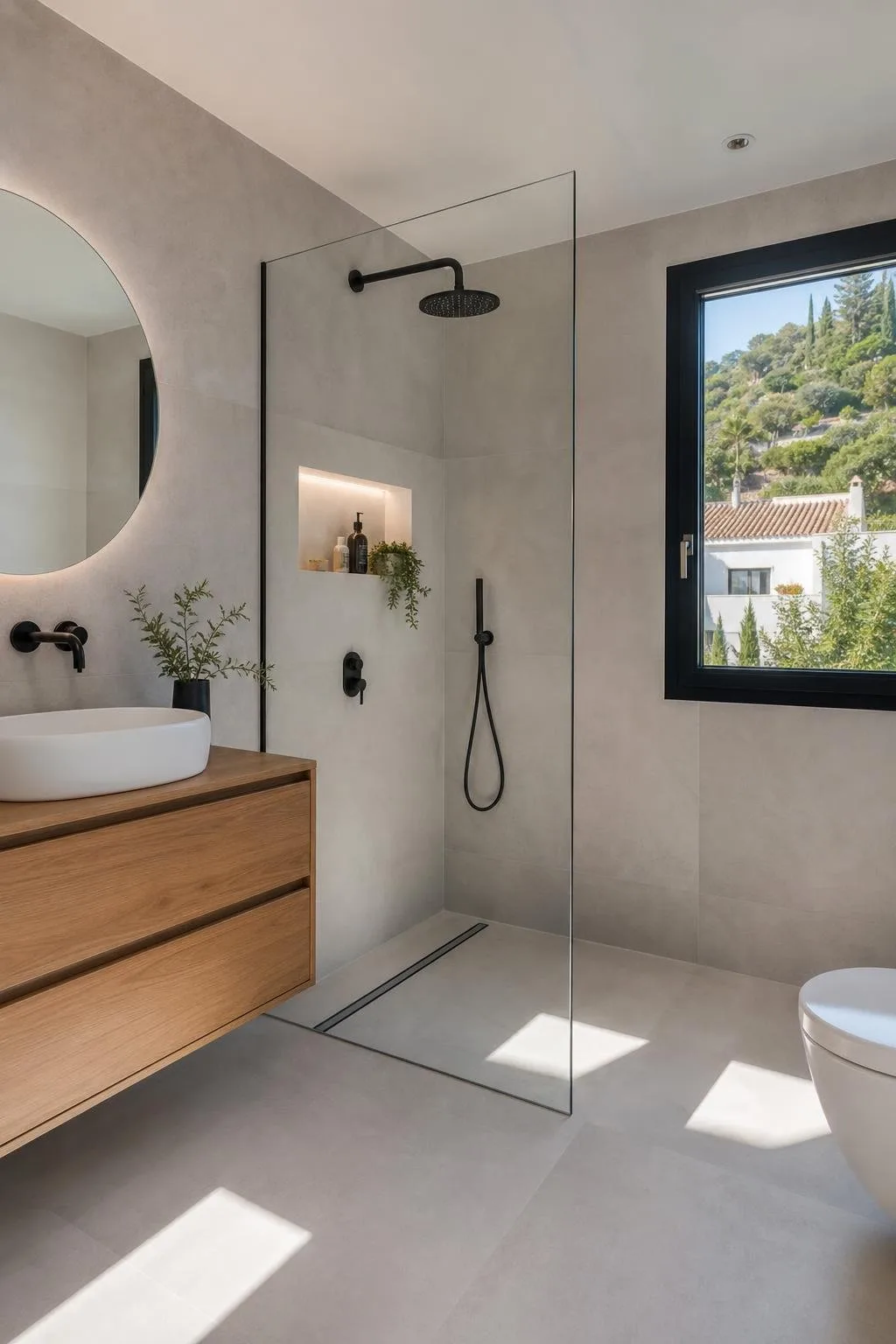 Baño reformado con ducha a ras de suelo, mampara de cristal y grifería negra
