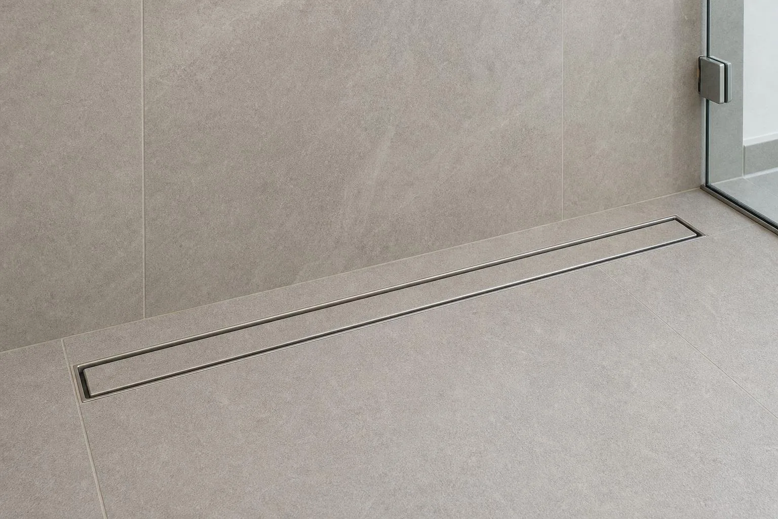 Detalle de desagüe lineal en una ducha a ras de suelo
