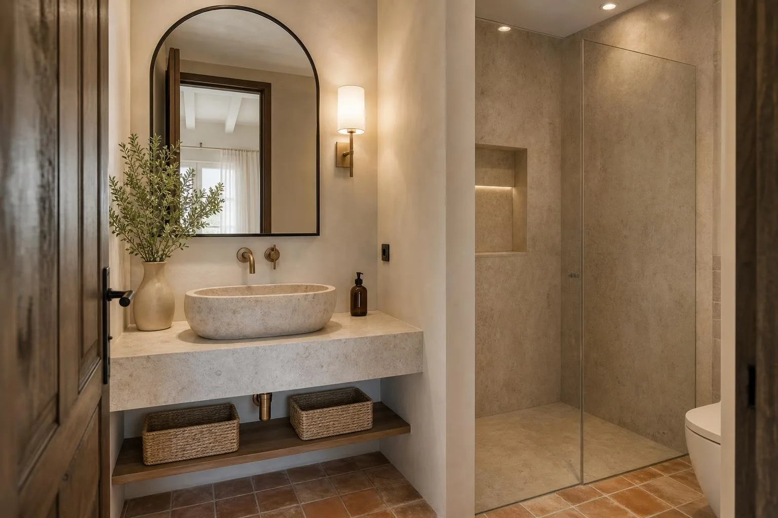 Baño reformado con lavabo de piedra, espejo arqueado y suelo de tonos tierra